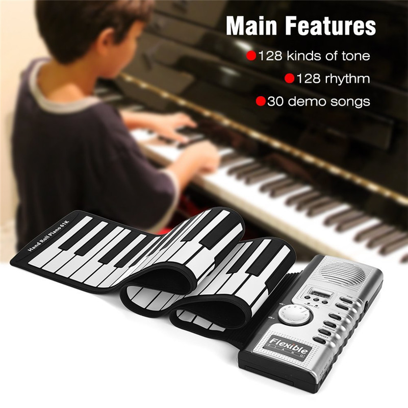 61 Keys Roll Up Piano Portable Soft Silicone Electronic Piano Built-in Speaker LCD Display Recording MIDI Electronic Organ