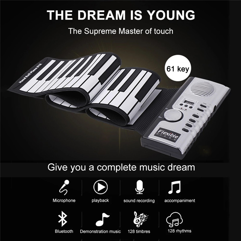 61 Keys Roll Up Piano Portable Soft Silicone Electronic Piano Built-in Speaker LCD Display Recording MIDI Electronic Organ