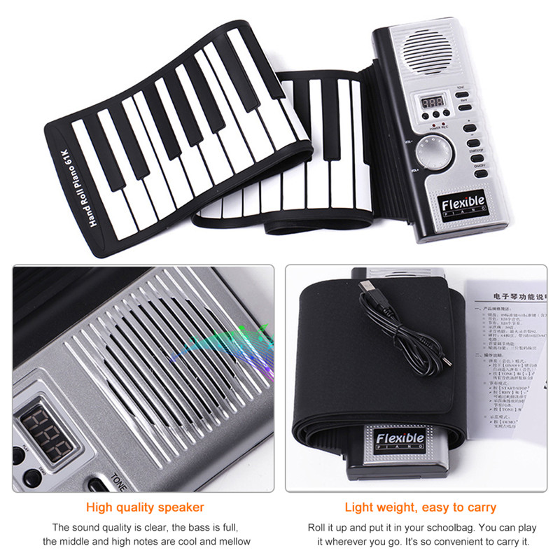 61 Keys Roll Up Piano Portable Soft Silicone Electronic Piano Built-in Speaker LCD Display Recording MIDI Electronic Organ