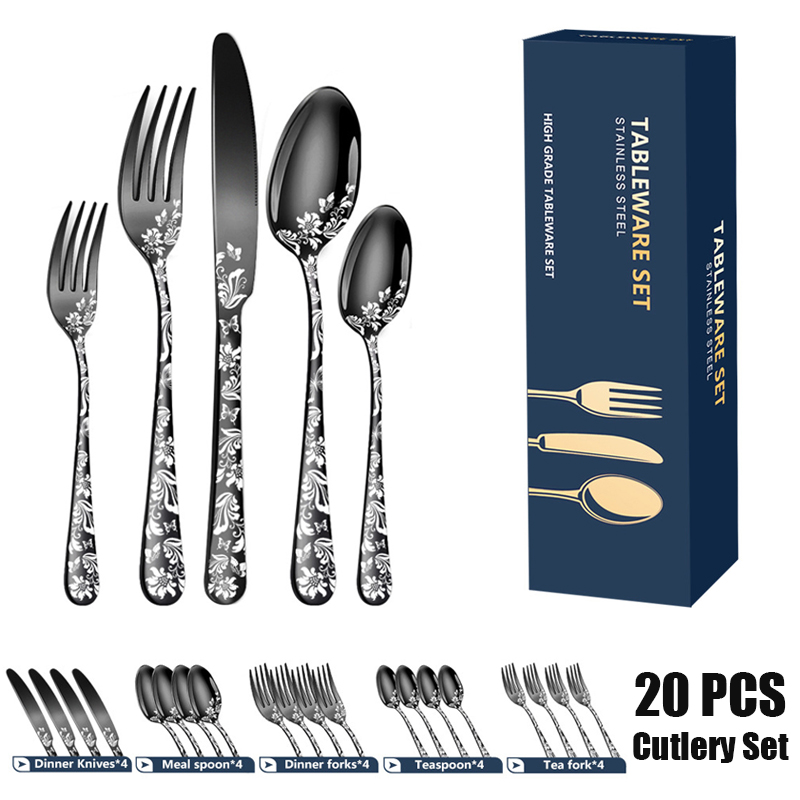 20pcs Pattern Stainless Steel Cutlery Set Spoon Fork Knife Gold Silver Rose Gold Kitchen Tableware Silverware Dinnerware Set