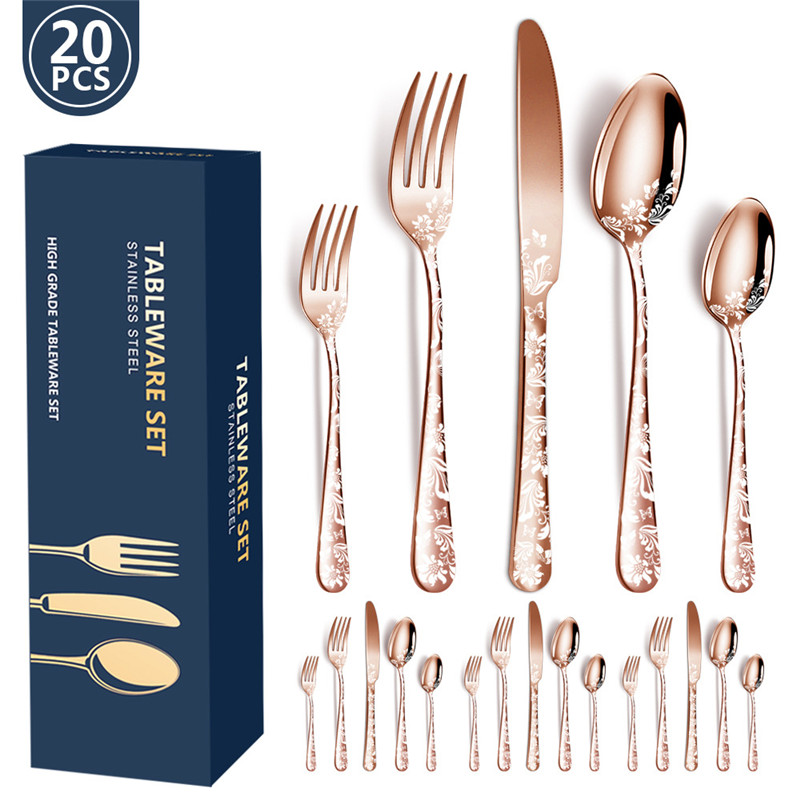 20pcs Pattern Stainless Steel Cutlery Set Spoon Fork Knife Gold Silver Rose Gold Kitchen Tableware Silverware Dinnerware Set