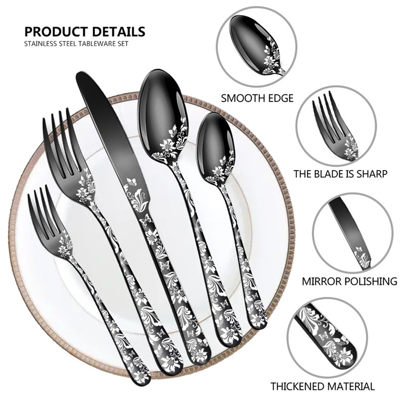 20pcs Pattern Stainless Steel Cutlery Set Spoon Fork Knife Gold Silver Rose Gold Kitchen Tableware Silverware Dinnerware Set