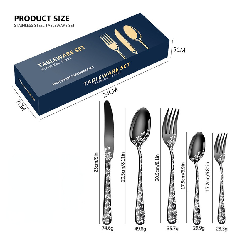 20pcs Pattern Stainless Steel Cutlery Set Spoon Fork Knife Gold Silver Rose Gold Kitchen Tableware Silverware Dinnerware Set