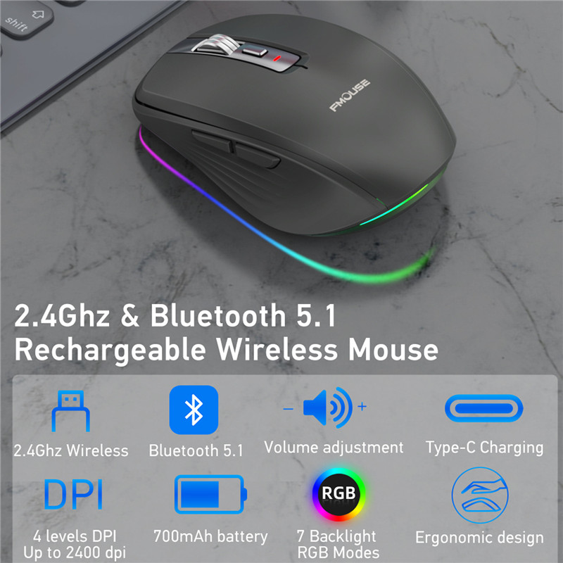 2.4G+BT5.1 Dual-mode Wireless Mouse Computer Gaming Mice Ergonomic Design 2400 DPI Mute RGB Gaming Mouse for Laptop Computer