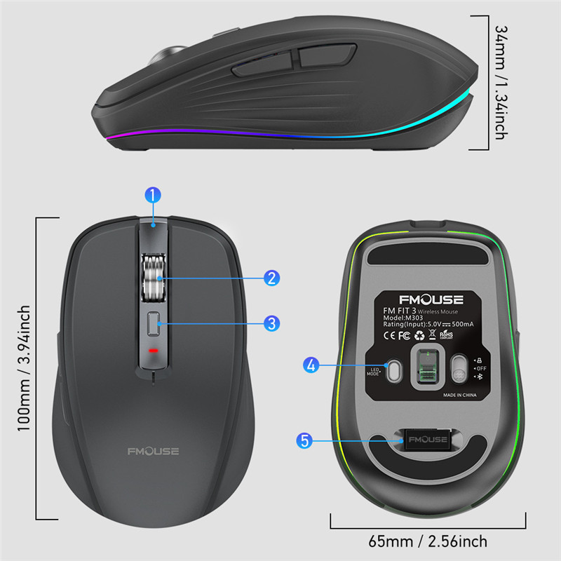 2.4G+BT5.1 Dual-mode Wireless Mouse Computer Gaming Mice Ergonomic Design 2400 DPI Mute RGB Gaming Mouse for Laptop Computer