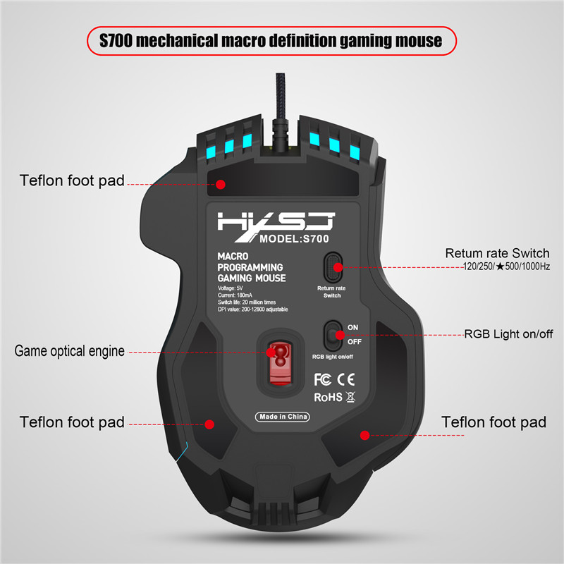 Professional HXSJ Programmable Gaming Mouse 13 RGB Lighting Mode Gaming Mice Ergonomic USB Plug And Play Wire Mouse