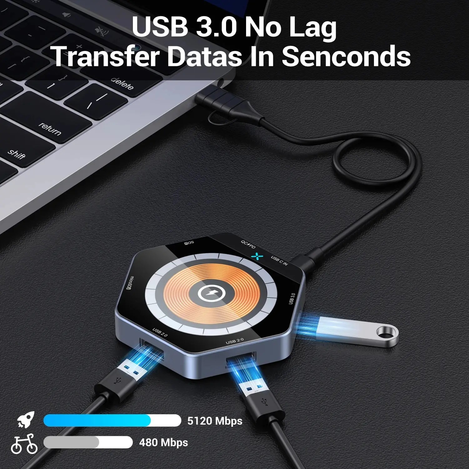 6 in 1 HUB 7 Ports Support 15W Fast Wireless Charging USB3.0 USB2.0 QC3.0 Docking Station with TF SD Card Reader for Laptop PC