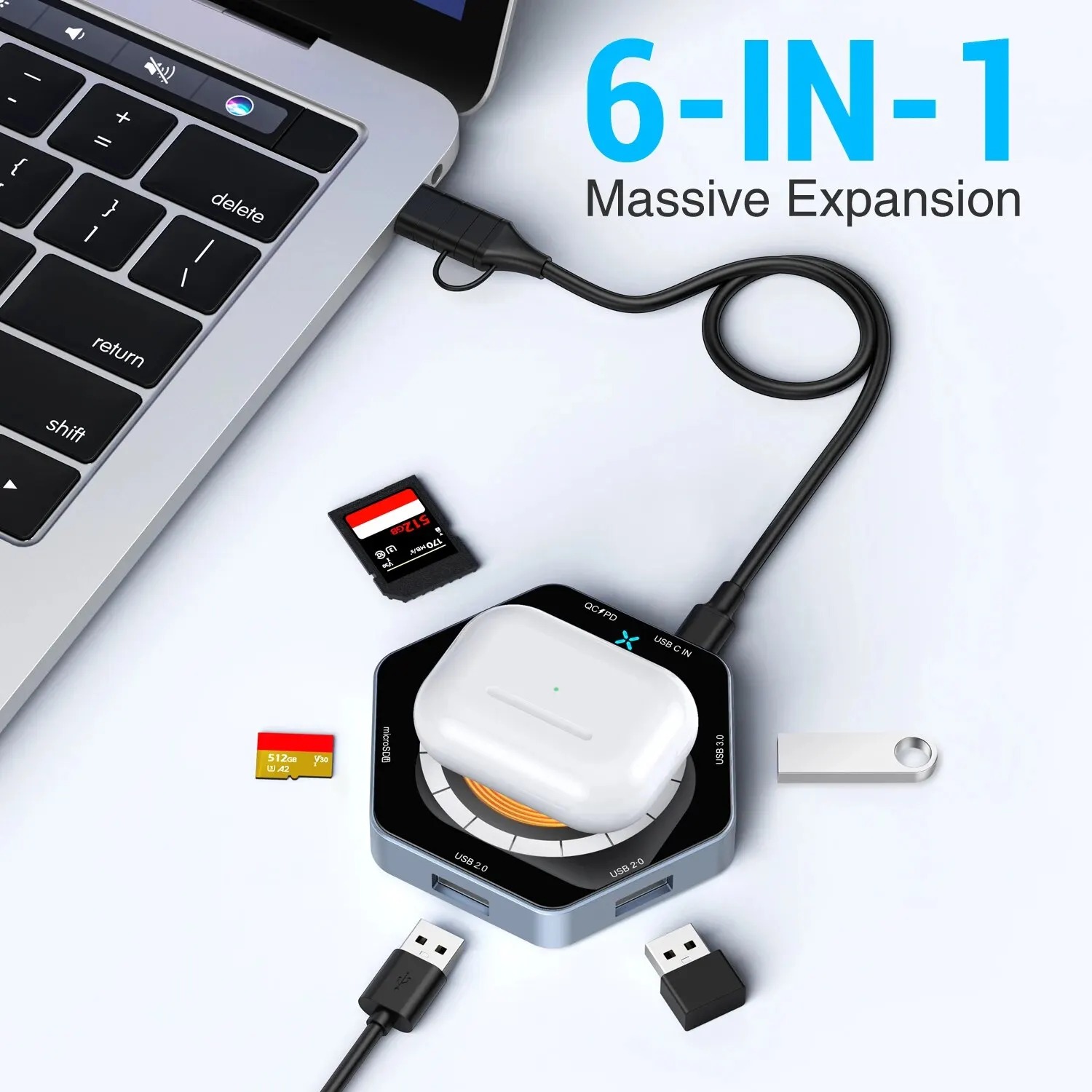 6 in 1 HUB 7 Ports Support 15W Fast Wireless Charging USB3.0 USB2.0 QC3.0 Docking Station with TF SD Card Reader for Laptop PC