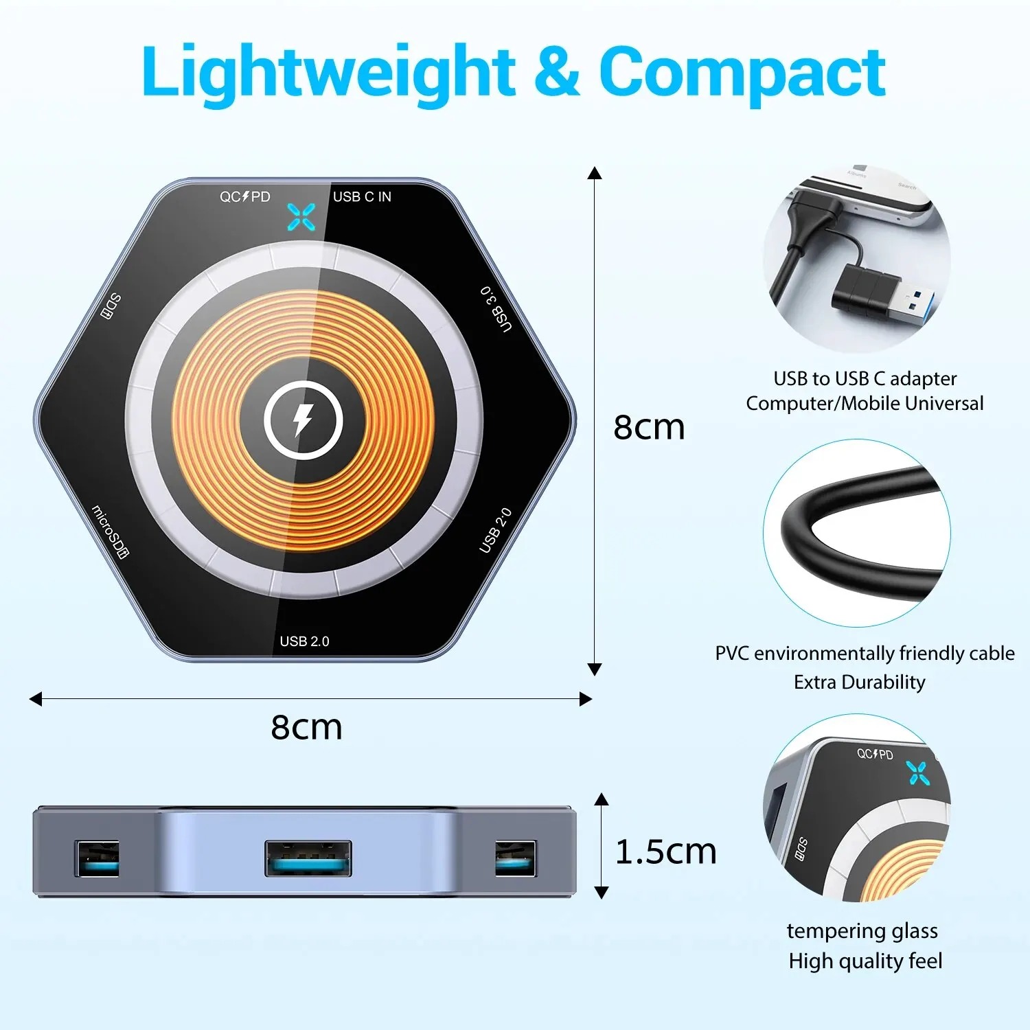 6 in 1 HUB 7 Ports Support 15W Fast Wireless Charging USB3.0 USB2.0 QC3.0 Docking Station with TF SD Card Reader for Laptop PC