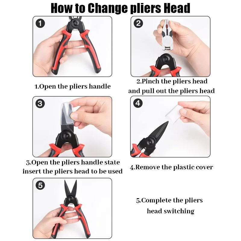 5 in 1 Multifunctional Interchangeable Heads Pliers Set Steel Wire Pliers Vise Stripping Pliers Set Electronic Maintenance Tools