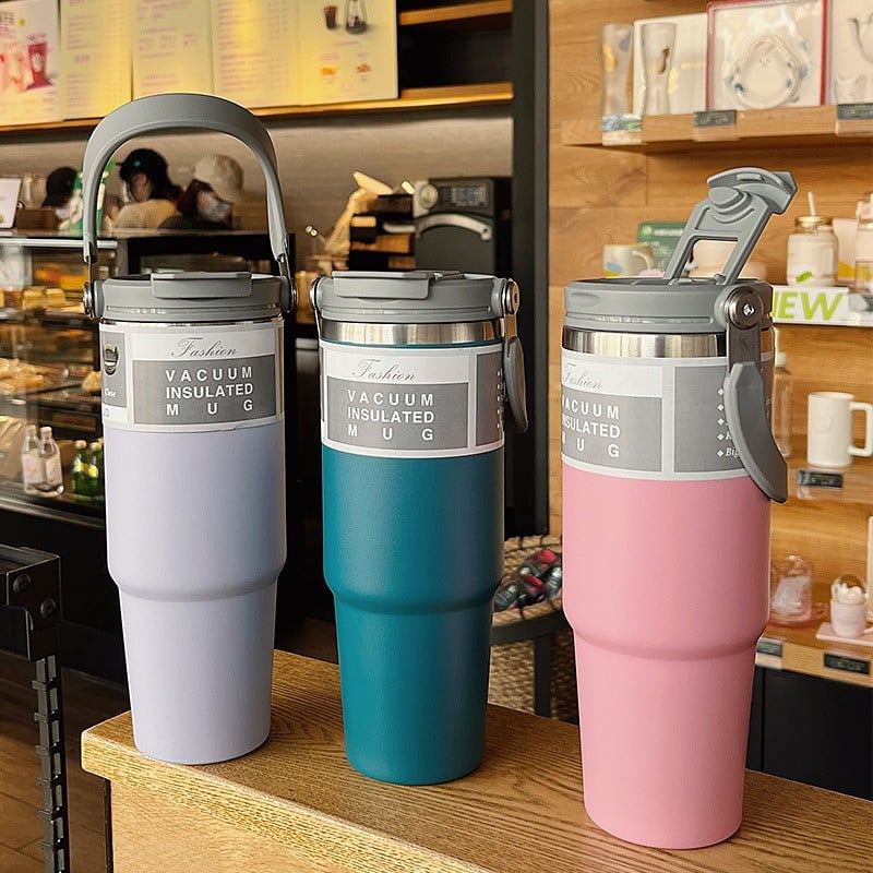 30oz Stainless Steel Insulated Cup Travel Car Thermos Tumbler Cup with Straw Leakproof Water Bottle Vacuum Flasks Thermos Kettle