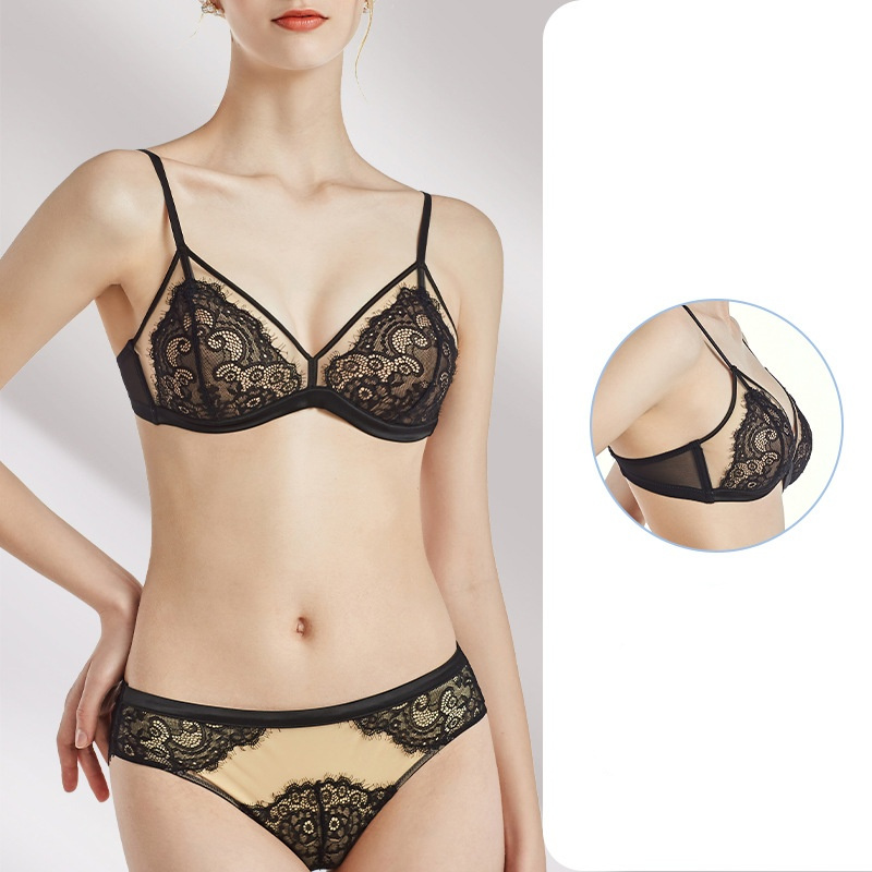 Women French Bras Panties Underwear Sexy Beautiful Back Thin Triangle Cup Lingerie Embroidery Mesh Lace Bra Brief Set