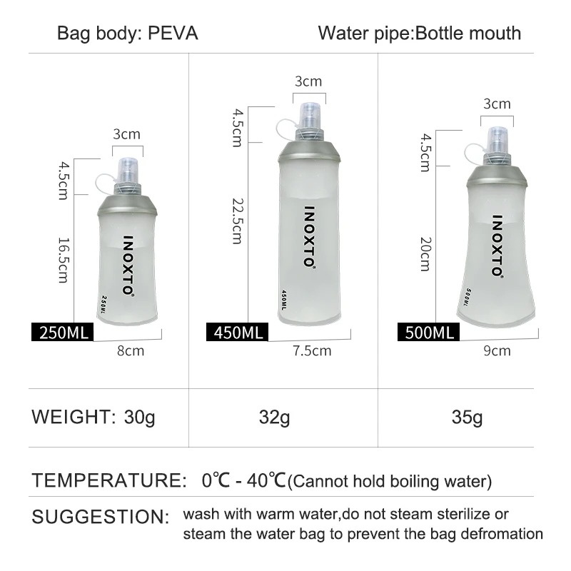 250ml/450ml/500ml Outdoor Running Sport PEVA Water Bottle Mountain Biking Water Bladder Soft Water Bottle Kettle Hydration Pack
