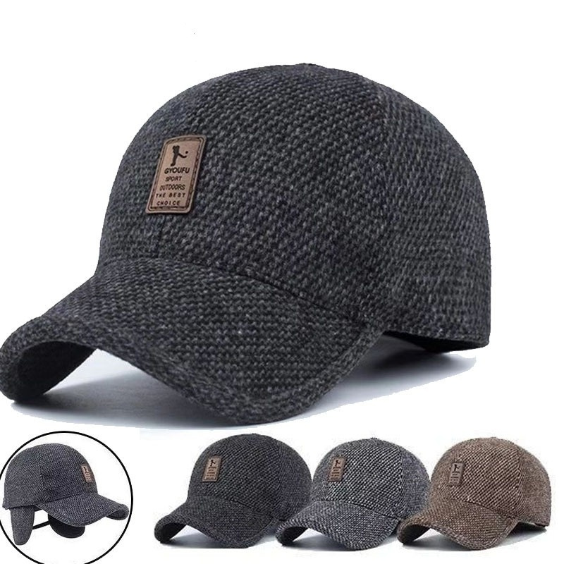 Men Autumn Winter Hat Outdoor Thick Warm Fleece Lining Felt Caps Adjustable Earmuffs Baseball Cap Ear Protection Hats
