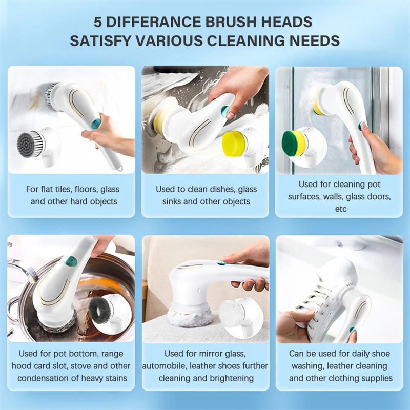 Electric Spin Cleaning Brush with 5pcs Heads Cordless Portable Scrub Brush Handheld Scrubber Suitable for Bathroom Kitchen Tool
