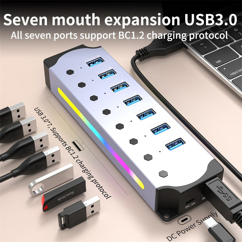 7 in 1 USB 3.0 Hub Individual Switch 5Gbps USB 3.0 Adapter USB  HUB with RGB light Aluminum Hub USB 3.0 Splitter For PC Laptop