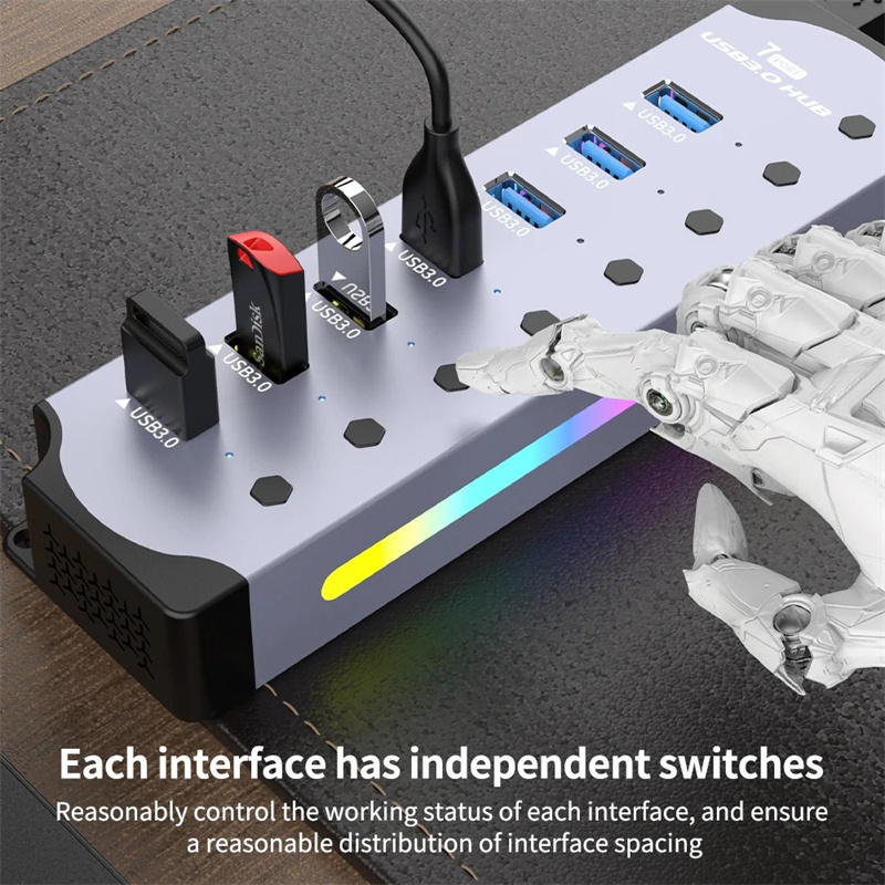 7 in 1 USB 3.0 Hub Individual Switch 5Gbps USB 3.0 Adapter USB  HUB with RGB light Aluminum Hub USB 3.0 Splitter For PC Laptop