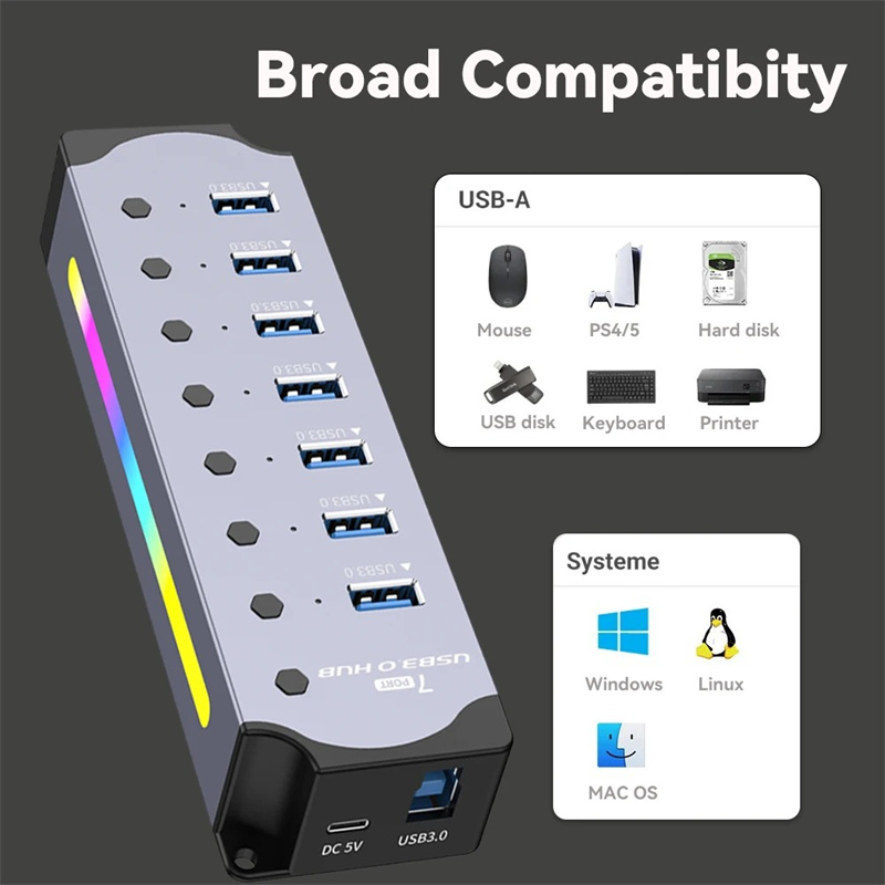 7 in 1 USB 3.0 Hub Individual Switch 5Gbps USB 3.0 Adapter USB  HUB with RGB light Aluminum Hub USB 3.0 Splitter For PC Laptop