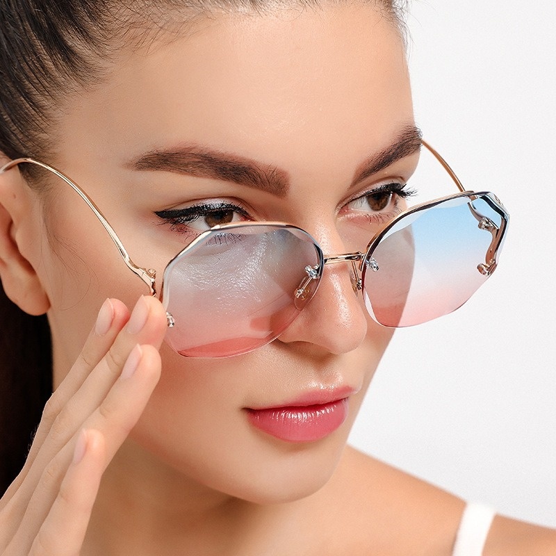 Luxury Round Gradient Sunglasses Women Metal Curved Temples Eyewear Ocean Rimless Fashion Sun Glasses Outdoor Oculos De Sol