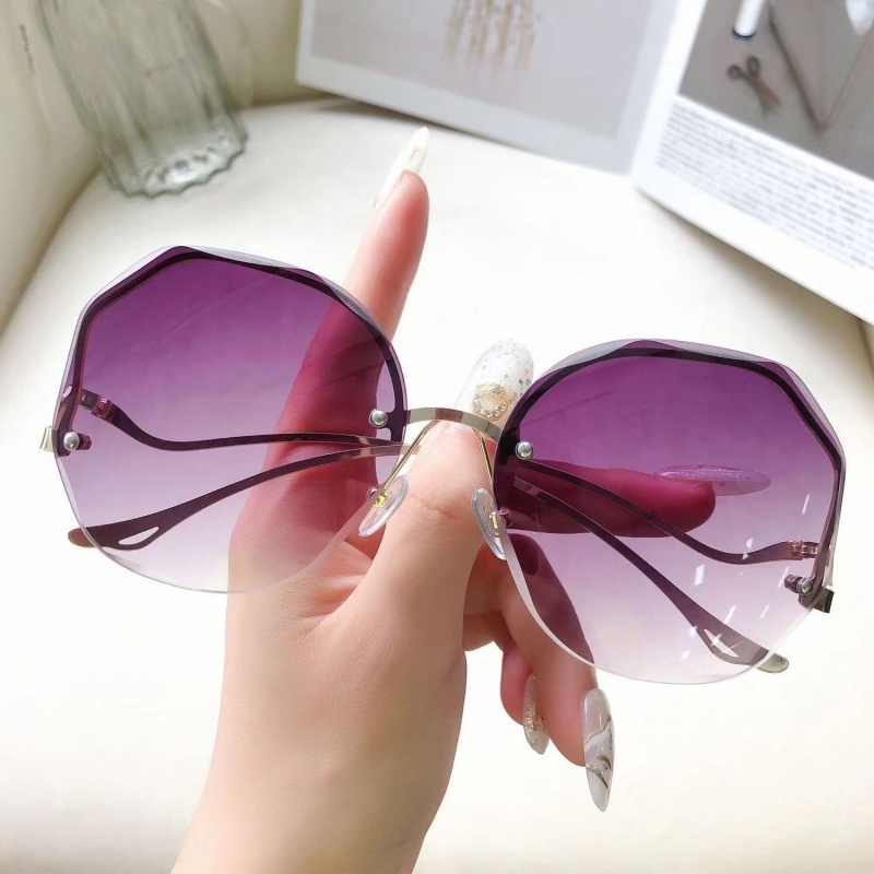 Luxury Round Gradient Sunglasses Women Metal Curved Temples Eyewear Ocean Rimless Fashion Sun Glasses Outdoor Oculos De Sol