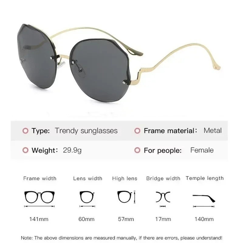 Luxury Round Gradient Sunglasses Women Metal Curved Temples Eyewear Ocean Rimless Fashion Sun Glasses Outdoor Oculos De Sol