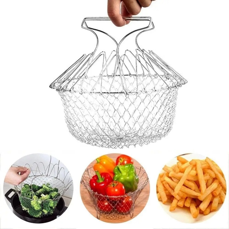 Stainless Steel Steam Rinse Strain Fry Basket Foldable Fry Basket Strainer Net Kitchen Cooking Tools for Fried Food or Fruits