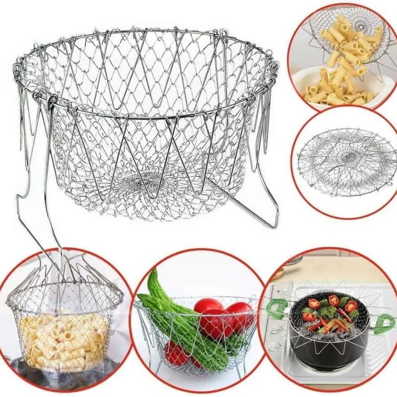 Stainless Steel Steam Rinse Strain Fry Basket Foldable Fry Basket Strainer Net Kitchen Cooking Tools for Fried Food or Fruits