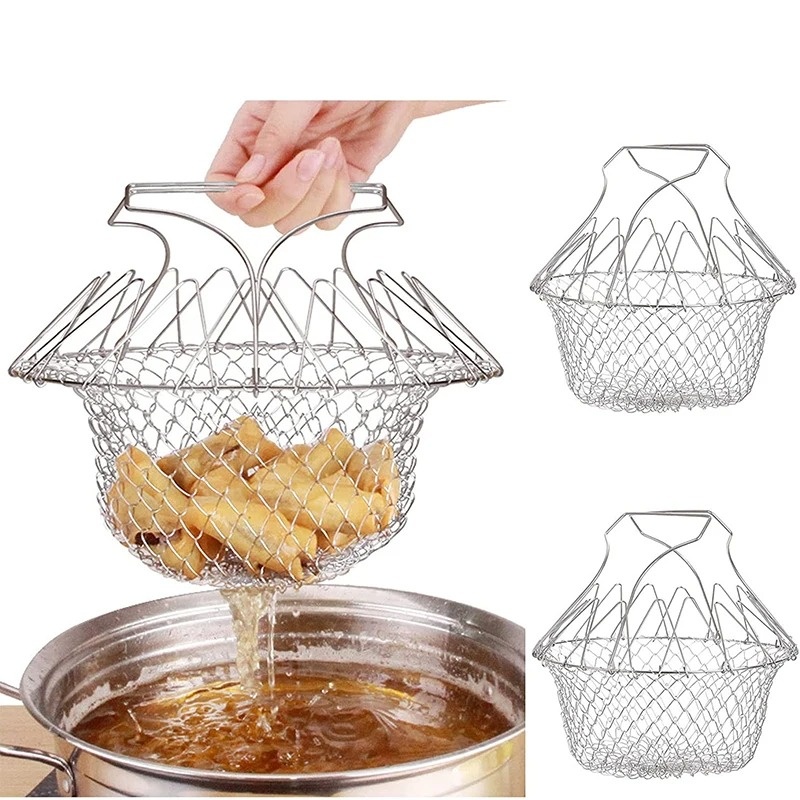 Stainless Steel Steam Rinse Strain Fry Basket Foldable Fry Basket Strainer Net Kitchen Cooking Tools for Fried Food or Fruits