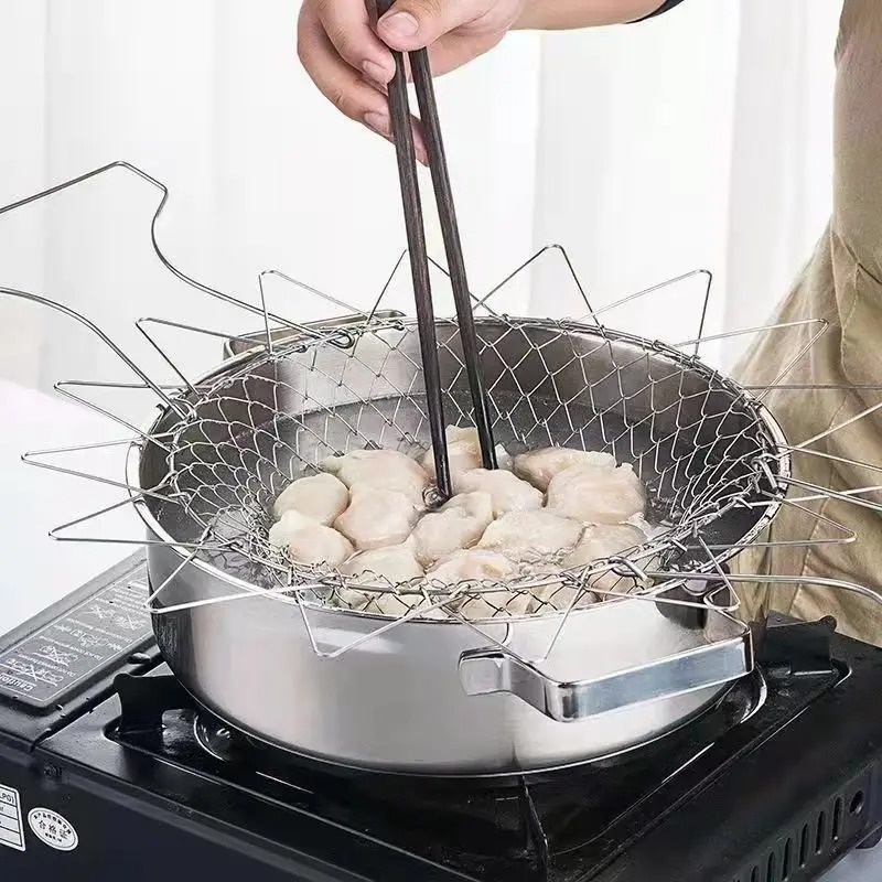 Stainless Steel Steam Rinse Strain Fry Basket Foldable Fry Basket Strainer Net Kitchen Cooking Tools for Fried Food or Fruits