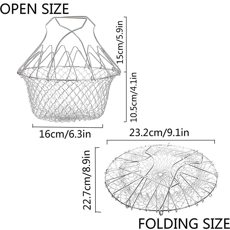 Stainless Steel Steam Rinse Strain Fry Basket Foldable Fry Basket Strainer Net Kitchen Cooking Tools for Fried Food or Fruits