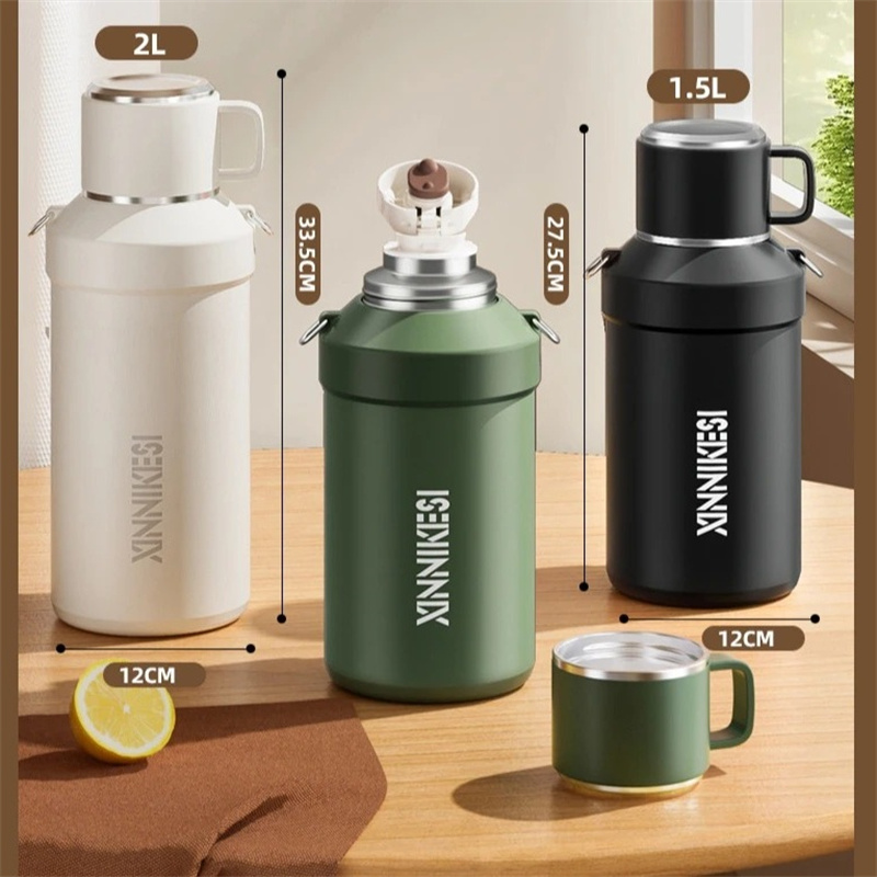 1.5L/2L Water Bottle Large Capacity Vaccum Flask Stainless Steel Insulated Cup with Strap Leakproof Portable Thermos Kettle