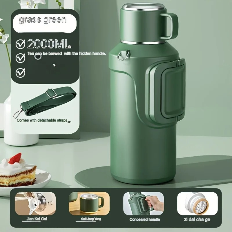 1.5L/2L Water Bottle Large Capacity Vaccum Flask Stainless Steel Insulated Cup with Strap Leakproof Portable Thermos Kettle