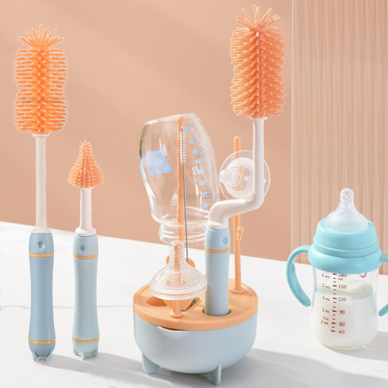 Baby Bottle Brush Set Multi-Functional Bottle Cleaning And Storage Set No Dead Angle Cleaning Set With Base Drain Drying Rack