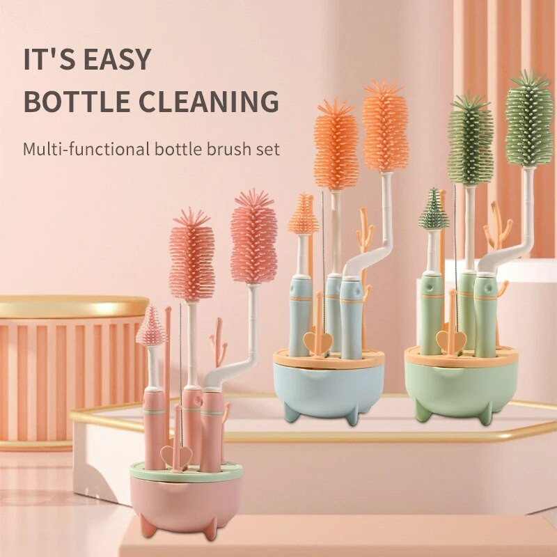 Baby Bottle Brush Set Multi-Functional Bottle Cleaning And Storage Set No Dead Angle Cleaning Set With Base Drain Drying Rack