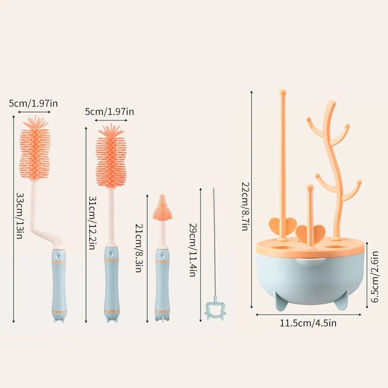 Baby Bottle Brush Set Multi-Functional Bottle Cleaning And Storage Set No Dead Angle Cleaning Set With Base Drain Drying Rack