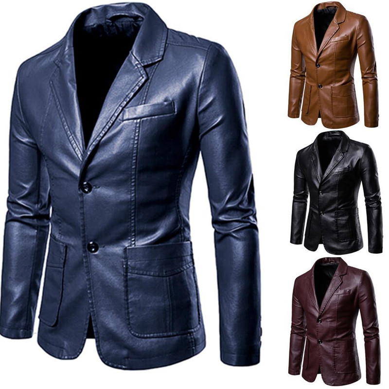Plus Size Turn-down Collar Slim Fit Leather Jacket Men Blazer Jackets Fashion Party Business Casual PU Leather Coat Male Outwear