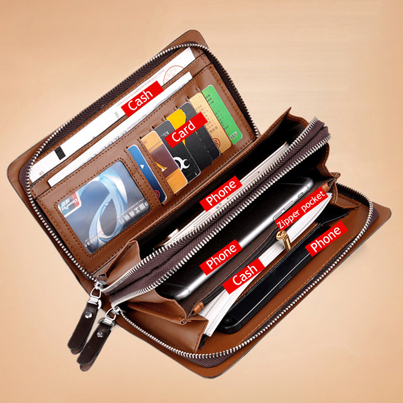 Luxury Men Wallets Zipper Coin Pocket Long Purse Passport Cover Business Clutch Card Holder Waterproof Wallet Double Zipper Bags