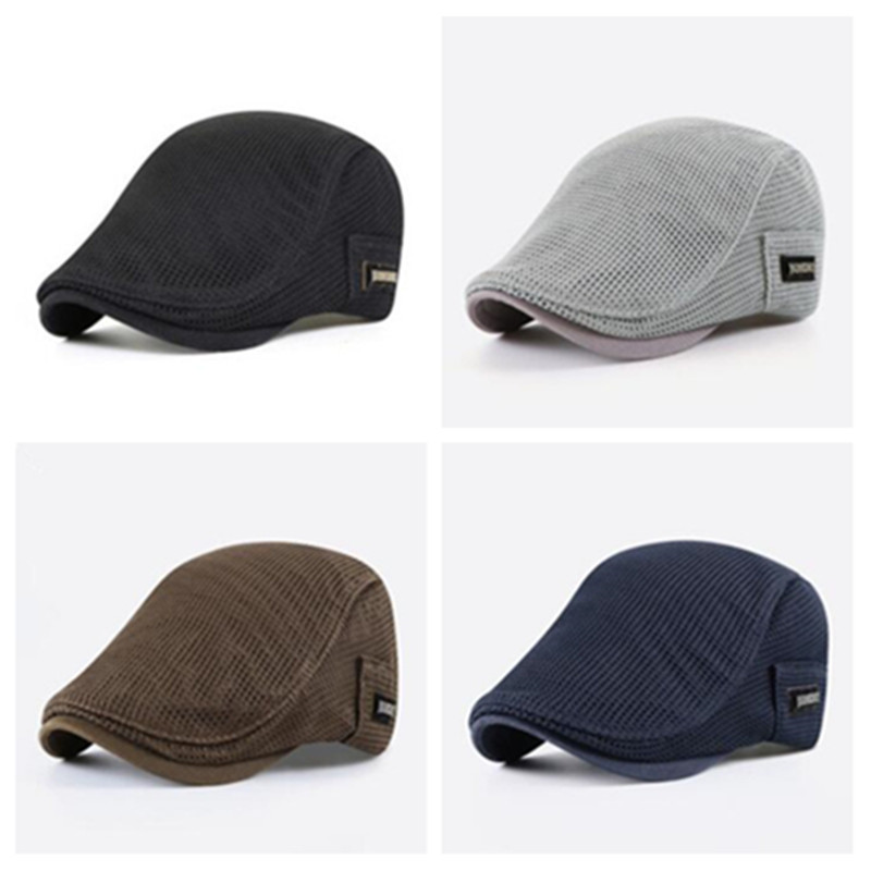 Men's Berets Summer Breathable Visor Cap Women Flat Peaked Sun Hat Net Solid Herringbone Newsboy Hats Mesh Driver Caps