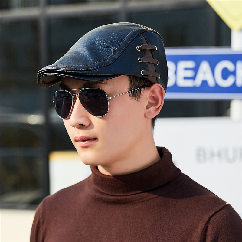 Leather Newsboy Cap Men Berets Duckbill Visor Hat Winter Autumn Windproof Flat Caps Retro England Hat Men Peaked Painter Cap