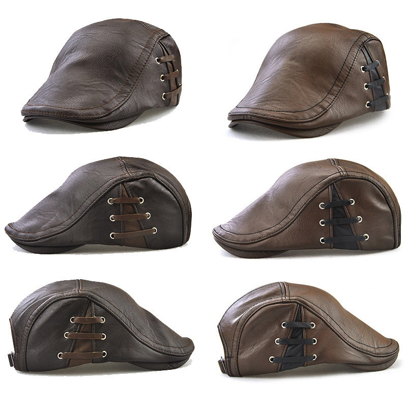 Leather Newsboy Cap Men Berets Duckbill Visor Hat Winter Autumn Windproof Flat Caps Retro England Hat Men Peaked Painter Cap