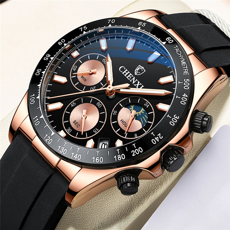 CHENXI Watches Men Fashion Casual Sport Quartz Wristwatch Waterproof Moon Phase Chronograph Luminous Watch Men Business Watch