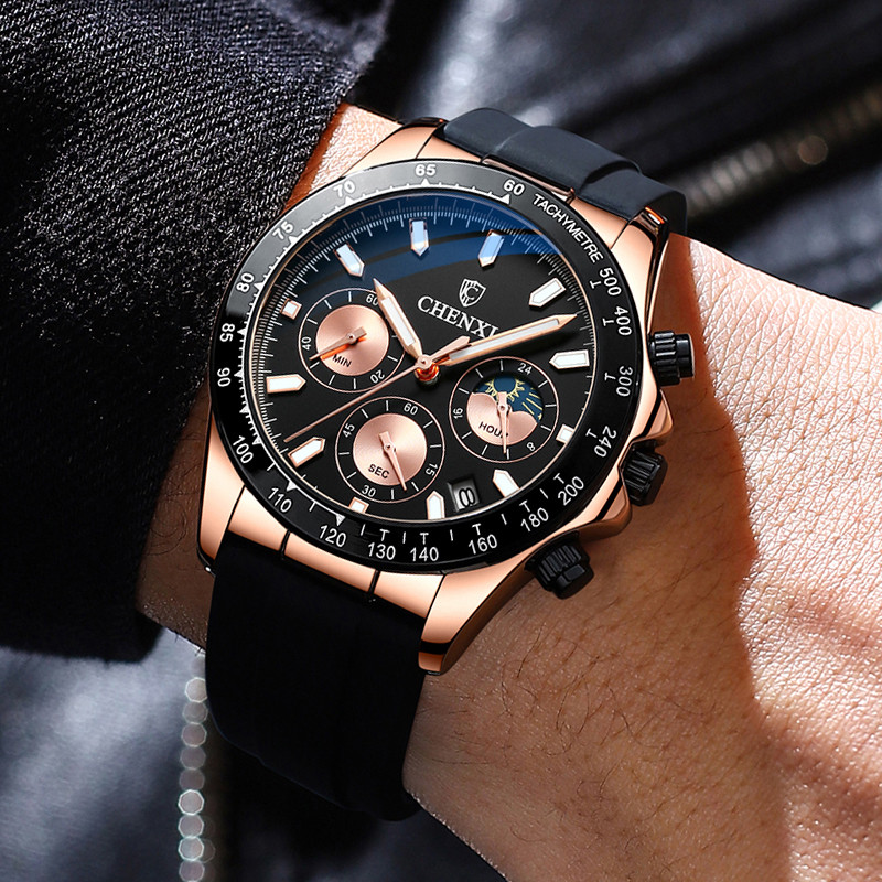 CHENXI Watches Men Fashion Casual Sport Quartz Wristwatch Waterproof Moon Phase Chronograph Luminous Watch Men Business Watch