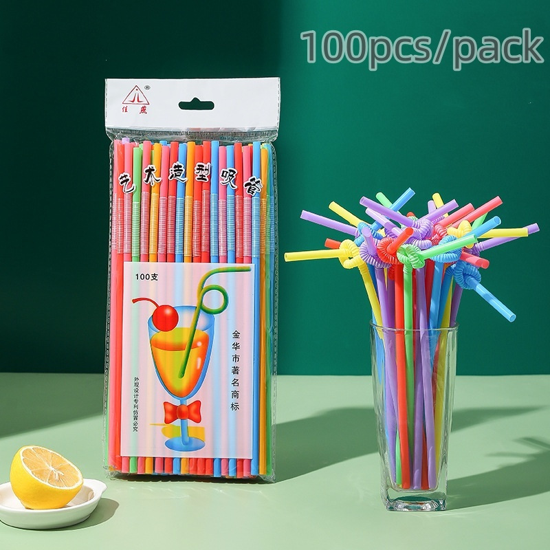 100pcs/pack Colorful Disposable Plastic Curved Drinking Straws Wedding Birthday Party Bar Drink Plastic Straws Bubble Tea Straw