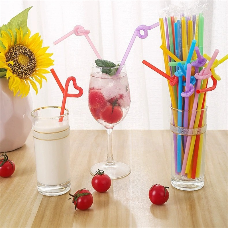 100pcs/pack Colorful Disposable Plastic Curved Drinking Straws Wedding Birthday Party Bar Drink Plastic Straws Bubble Tea Straw