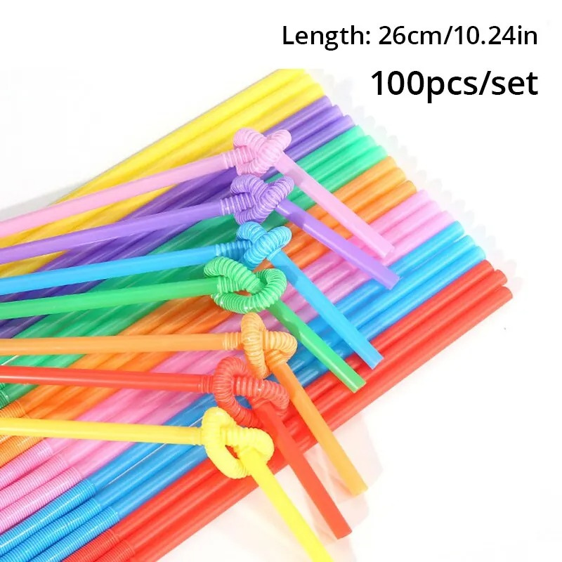100pcs/pack Colorful Disposable Plastic Curved Drinking Straws Wedding Birthday Party Bar Drink Plastic Straws Bubble Tea Straw