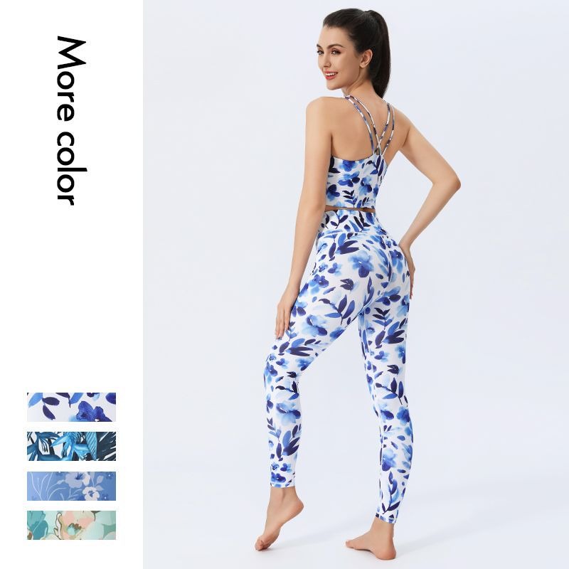 New Printed Yoga Set Women Quick-drying Beautiful Back Sports Vest High Waist Hip Tight Pants Set Breathable Fitness Clothes Set