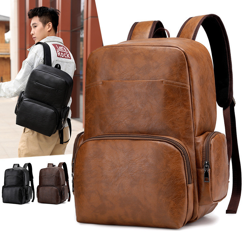 Men Business Casual Backpacks for School Travel Bag Black PU Leather Men's Fashion Shoulder Bags Vintage Boys Men Backpack