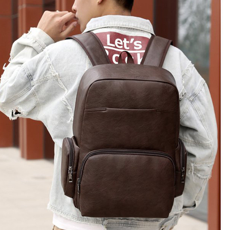 Men Business Casual Backpacks for School Travel Bag Black PU Leather Men's Fashion Shoulder Bags Vintage Boys Men Backpack