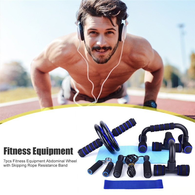 7Pcs/Set Muscle Exercise Equipment Abdominal Press Wheel Roller Home Fitness Equipment Gym Roller Trainer with Push UP Bar Set