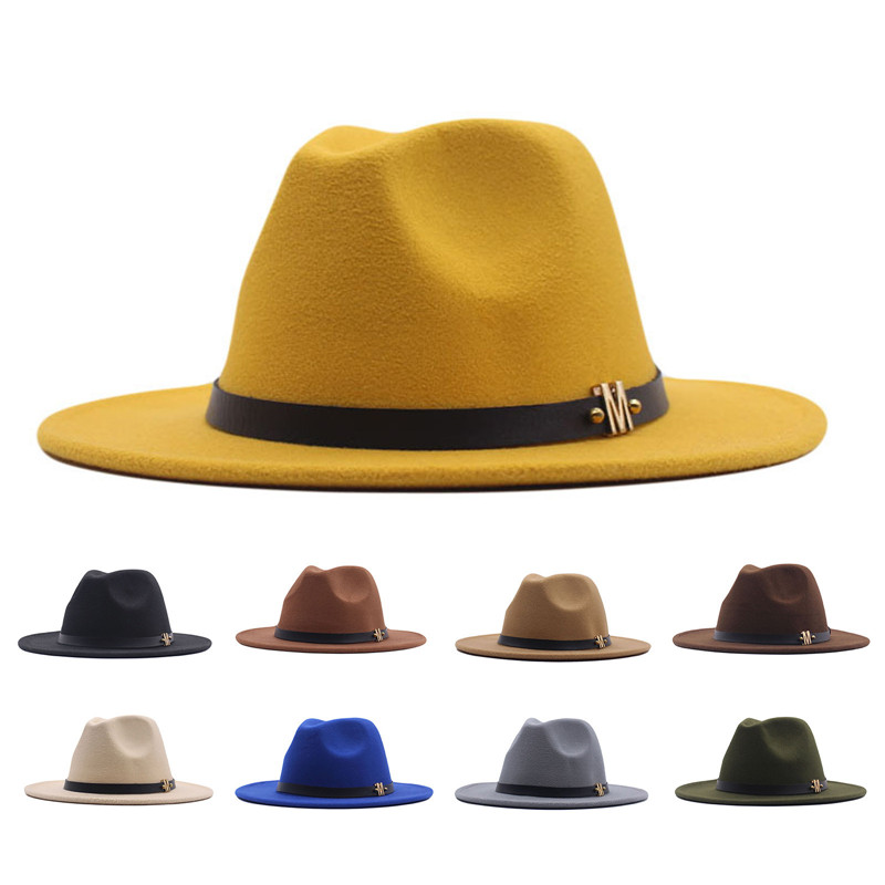Imitation Woolen Felt Fedora Hats Belt Buckle Decorated Ladies Boater Hat Flat Brim New Retro Winter Autumn Women Men Top Cap